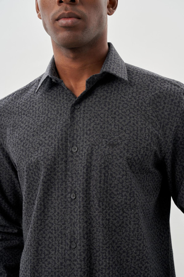 Siyah Uzun Kol Baskılı Bez Ayağı Sert Yaka Cepli Pamuklu Classic Comfort Fit Gömlek 1004245215