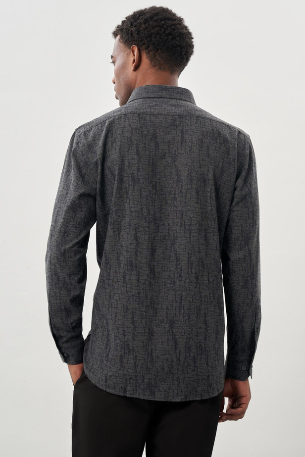 Siyah Uzun Kol Baskılı Bez Ayağı Sert Yaka Cepli Pamuklu Classic Comfort Fit Gömlek 1004245214