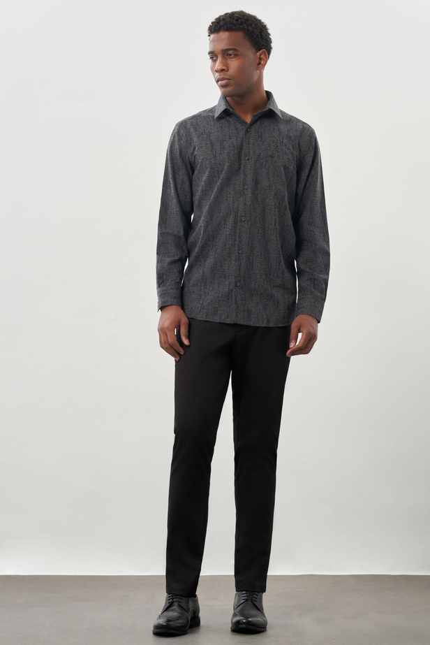 Siyah Uzun Kol Baskılı Bez Ayağı Sert Yaka Cepli Pamuklu Classic Comfort Fit Gömlek 1004245214