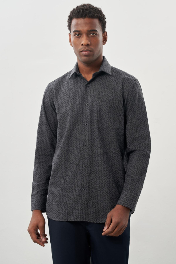 Siyah Uzun Kol Baskılı Bez Ayağı Sert Yaka Cepli Pamuklu Classic Comfort Fit Gömlek 1004245215