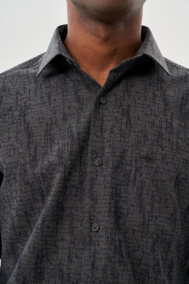 Siyah Uzun Kol Baskılı Bez Ayağı Sert Yaka Cepli Pamuklu Classic Comfort Fit Gömlek 1004245214