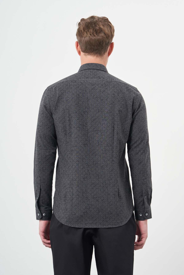 Siyah Uzun Kol Baskılı Bez Ayağı Yarım İtalyan Yaka Cepsiz Pamuklu Classic Slim Fit Gömlek 1004245222