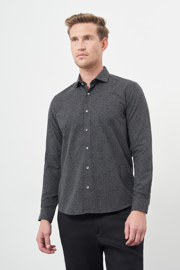 Siyah Uzun Kol Baskılı Bez Ayağı Yarım İtalyan Yaka Cepsiz Pamuklu Classic Slim Fit Gömlek 1004245222
