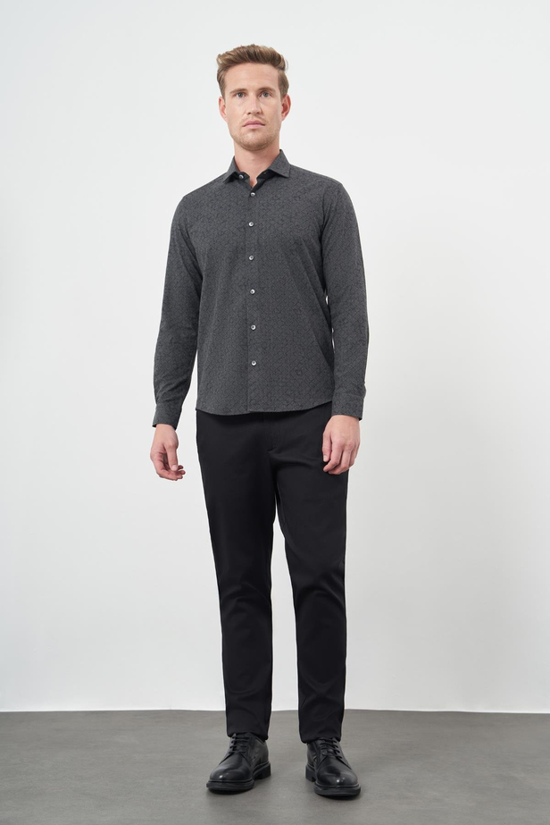 Siyah Uzun Kol Baskılı Bez Ayağı Yarım İtalyan Yaka Cepsiz Pamuklu Classic Slim Fit Gömlek 1004245222