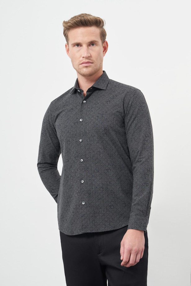 Siyah Uzun Kol Baskılı Bez Ayağı Yarım İtalyan Yaka Cepsiz Pamuklu Classic Slim Fit Gömlek 1004245222
