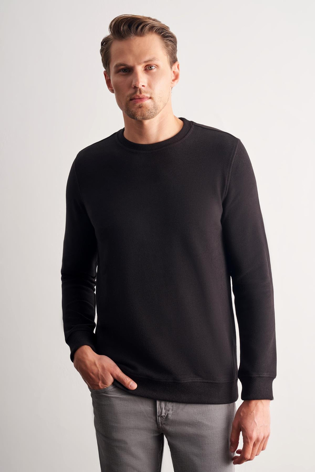 Siyah Uzun Kol Bisiklet Yaka Düz Pamuklu Comfort Fit Sweatshirt 1013255150