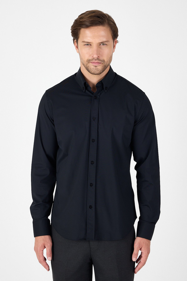 Siyah Uzun Kol Düğmeli Yaka Cepsiz Performans Ürün Slim Fit  Gömlek 1004250270
