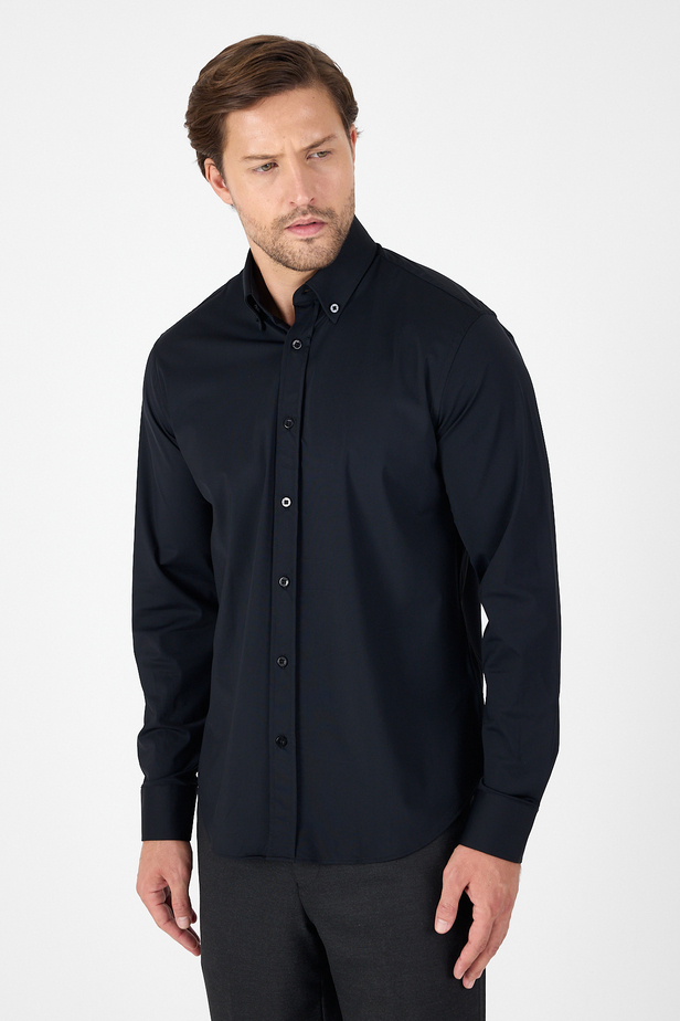 Siyah Uzun Kol Düğmeli Yaka Cepsiz Performans Ürün Slim Fit  Gömlek 1004250270