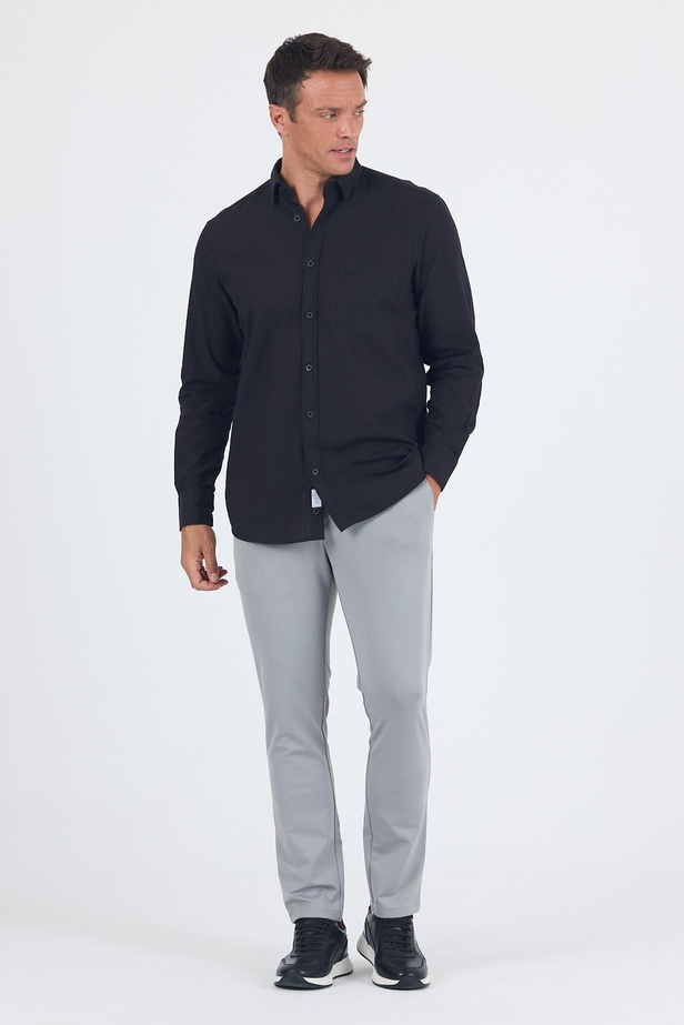 Siyah Uzun Kol Düz Armür Oval Yaka Casual Comfort Fit Gömlek 1004250249