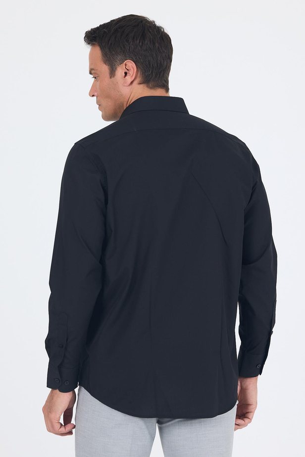 Siyah Uzun Kol Düz Bez Ayağı Sert Yaka Cep 30 Pamuklu Basic Comfort Fit Gömlek 1004250051_001