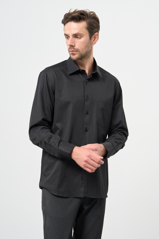 Siyah Uzun Kol Düz Bez Ayağı Sert Yaka Cep 30 Pamuklu Classic Comfort Fit Gömlek 1004245269_001