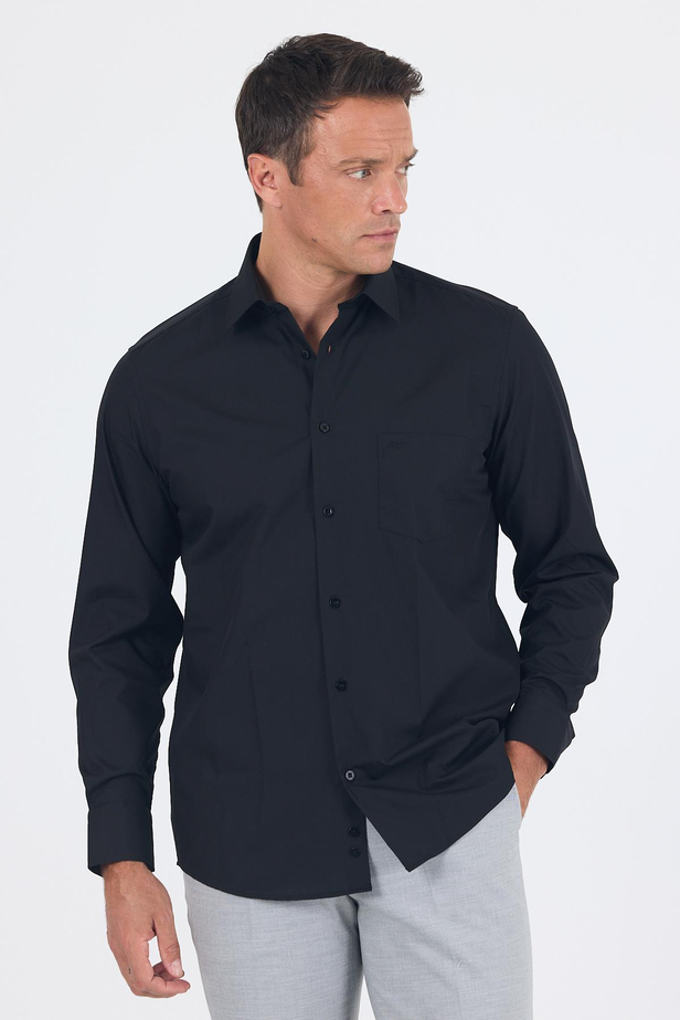 Siyah Uzun Kol Düz Bez Ayağı Sert Yaka Cep 30 Pamuklu Basic Comfort Fit Gömlek 1004250051_001