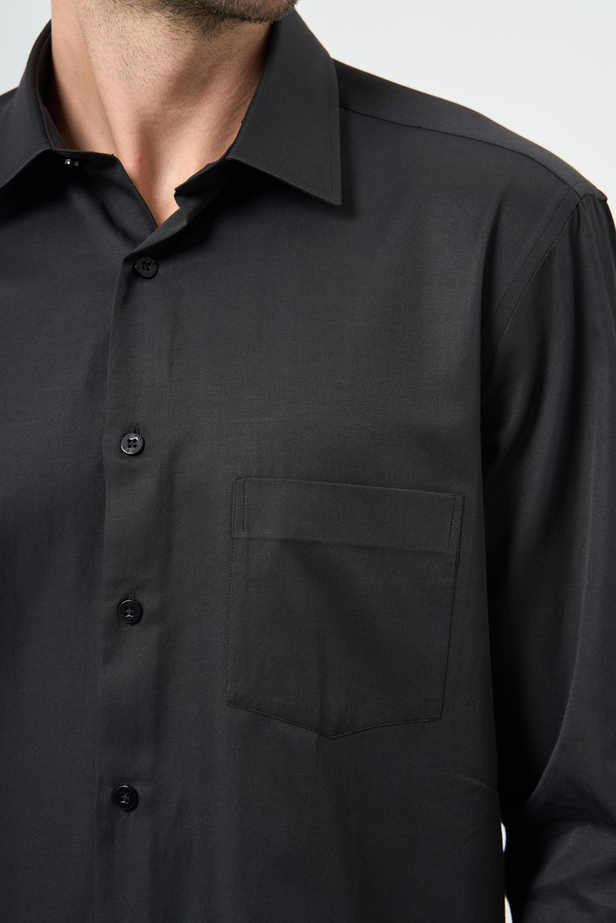 Siyah Uzun Kol Düz Bez Ayağı Sert Yaka Cep 30 Pamuklu Classic Comfort Fit Gömlek 1004245269_001