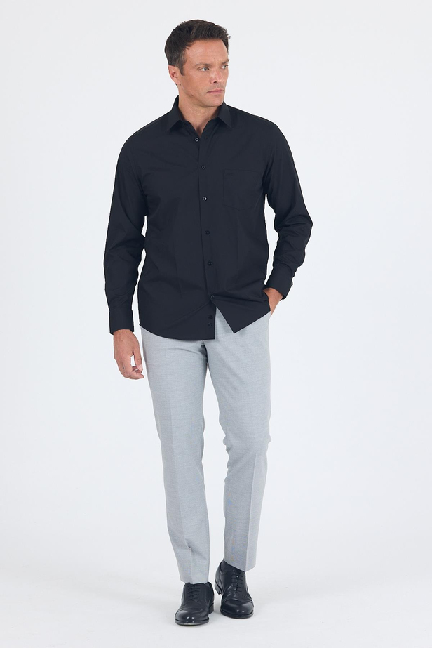 Siyah Uzun Kol Düz Bez Ayağı Sert Yaka Cep 30 Pamuklu Basic Comfort Fit Gömlek 1004250051_001