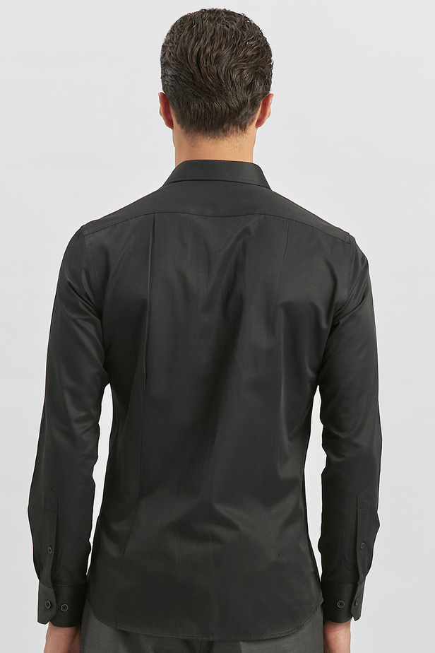 Siyah Uzun Kol Düz Bez Ayağı Yarım İtalyan Yaka Classic Slim Fit Gömlek 1004240268
