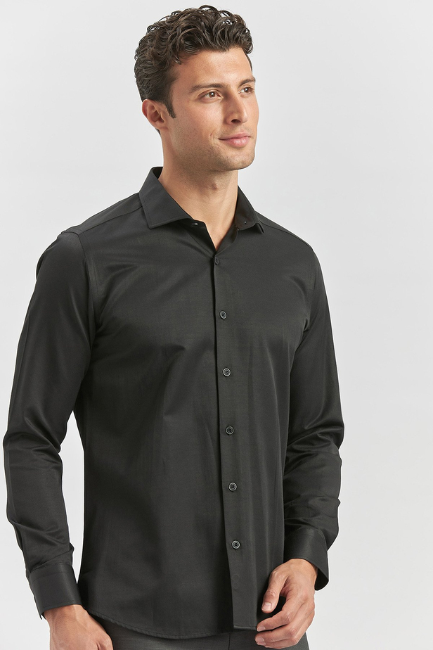 Siyah Uzun Kol Düz Bez Ayağı Yarım İtalyan Yaka Classic Slim Fit Gömlek 1004240268