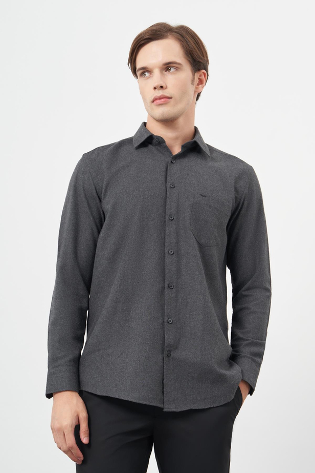 Siyah Uzun Kol Düz Gabardin Sert Yaka Cepli Pamuklu Classic Comfort Fit Gömlek 1004245168