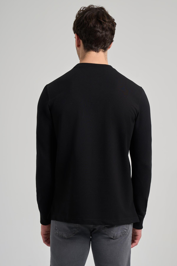 Siyah Uzun Kol Düz Örme Bisiklet Yaka Cepsiz Pamuklu Sweatshirt