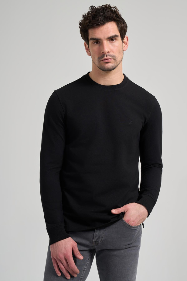 Siyah Uzun Kol Düz Örme Bisiklet Yaka Cepsiz Pamuklu Sweatshirt