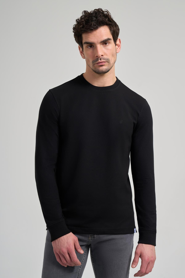 Siyah Uzun Kol Düz Örme Bisiklet Yaka Cepsiz Pamuklu Sweatshirt