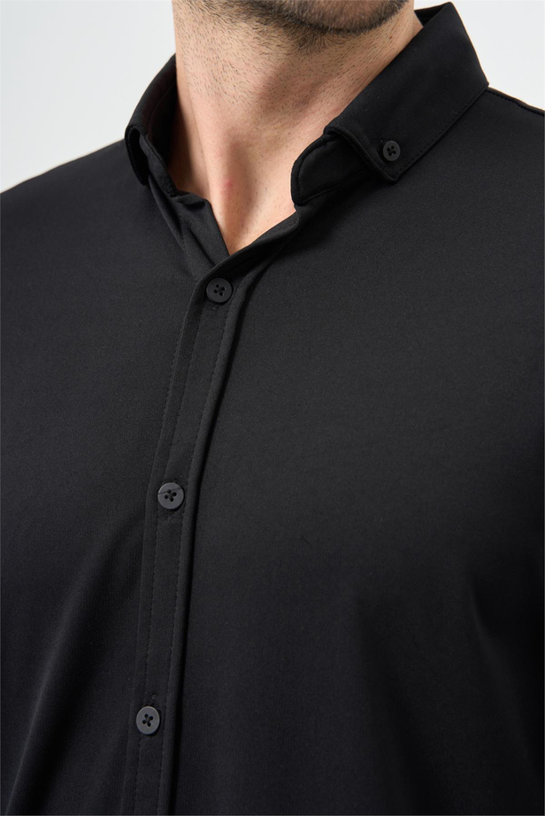 Siyah Uzun Kol Düz Örme Smart Düğmeli Yaka Classic Slim Fit Gömlek 1004245160