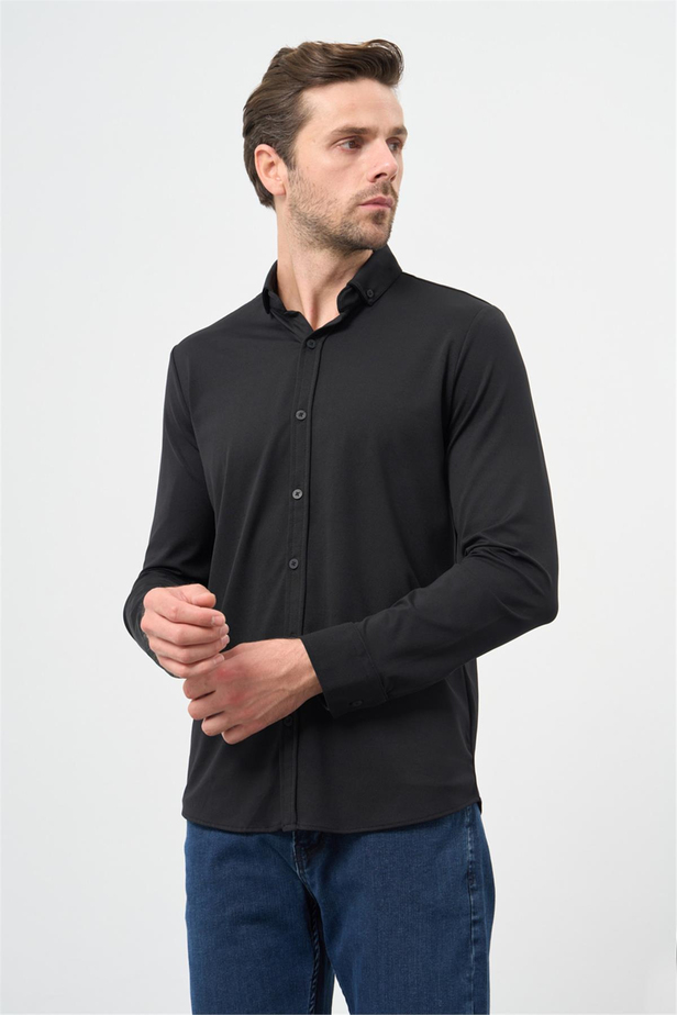 Siyah Uzun Kol Düz Örme Smart Düğmeli Yaka Classic Slim Fit Gömlek 1004245160