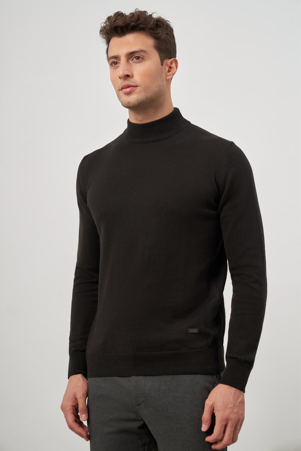Siyah Uzun Kol Düz Örme Yarım Balıkçı Yaka Classic Comfort Fit Triko 1012245001