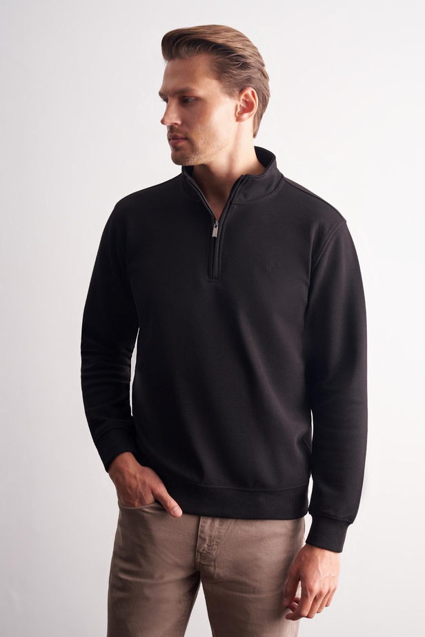 Siyah Uzun Kol Hakim Yaka Düz Pamuklu Comfort Fit Sweatshirt 1013255151