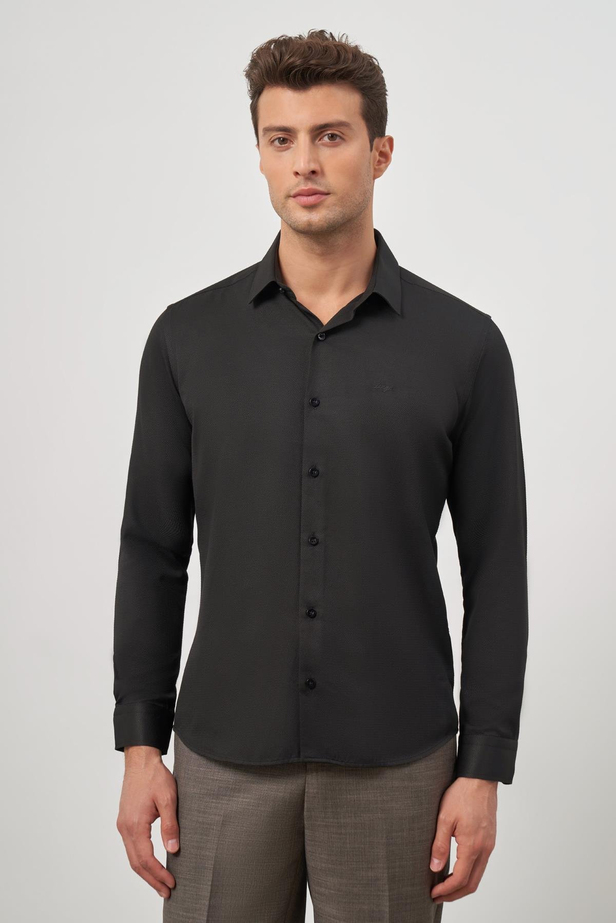 Siyah Uzun Kol Kendinden Desenli Armürlü 032 Sert Yaka Classic Slim Fit Gömlek 1004245152