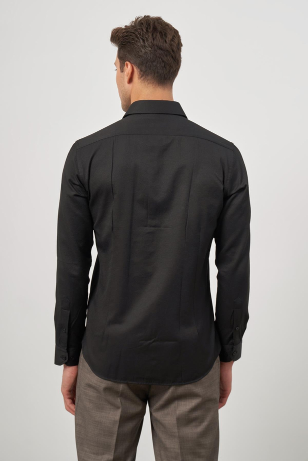 Siyah Uzun Kol Kendinden Desenli Armürlü 032 Sert Yaka Classic Slim Fit Gömlek 1004245152
