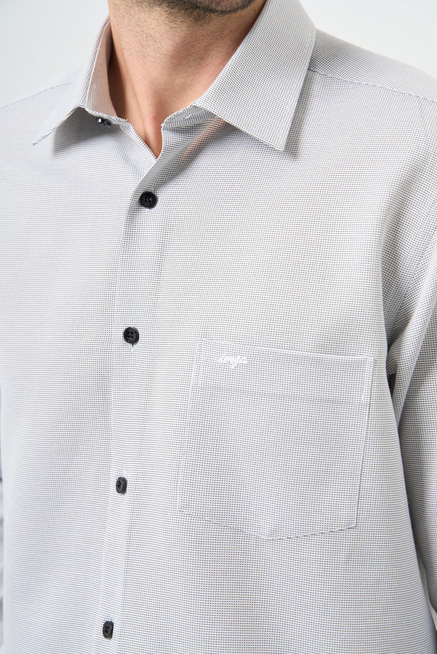 Siyah Uzun Kol Kendinden Desenli Bez Ayağı Sert Yaka Cepli Pamuklu Classic Comfort Fit Gömlek 1004245213