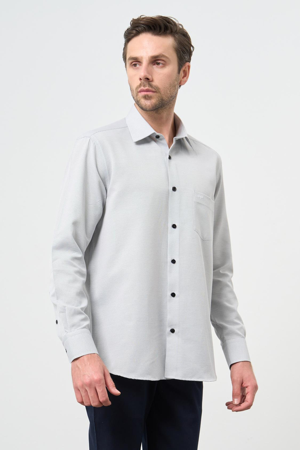 Siyah Uzun Kol Kendinden Desenli Bez Ayağı Sert Yaka Cepli Pamuklu Classic Comfort Fit Gömlek 1004245213