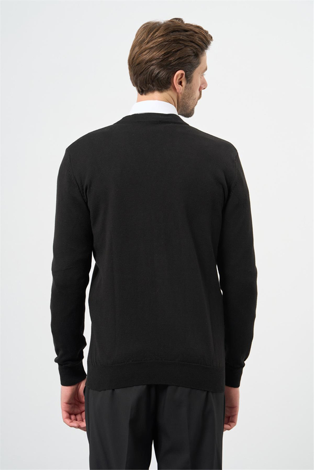 Siyah Uzun Kol Kendinden Desenli Örme V Yaka Classic Comfort Fit Triko 1012245161