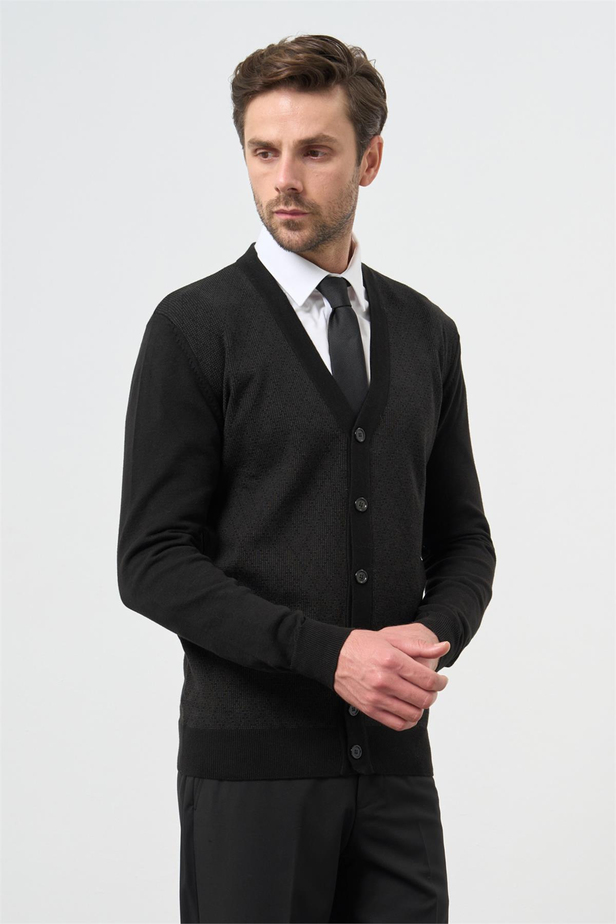 Siyah Uzun Kol Kendinden Desenli Örme V Yaka Classic Comfort Fit Triko 1012245161