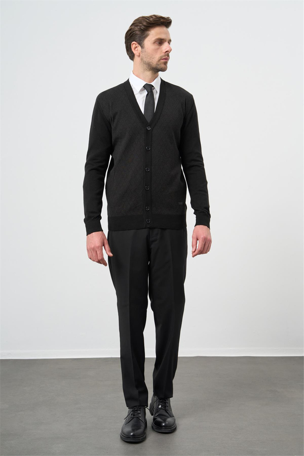 Siyah Uzun Kol Kendinden Desenli Örme V Yaka Classic Comfort Fit Triko 1012245161
