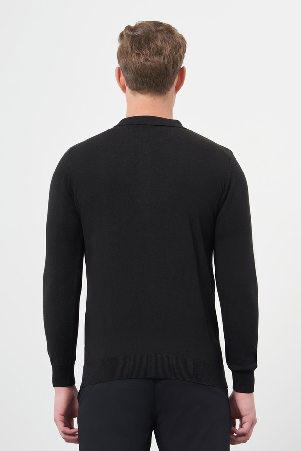 Siyah Uzun Kol Kendinden Desenli Örme Polo Yaka Classic Comfort Fit Triko 1012245162