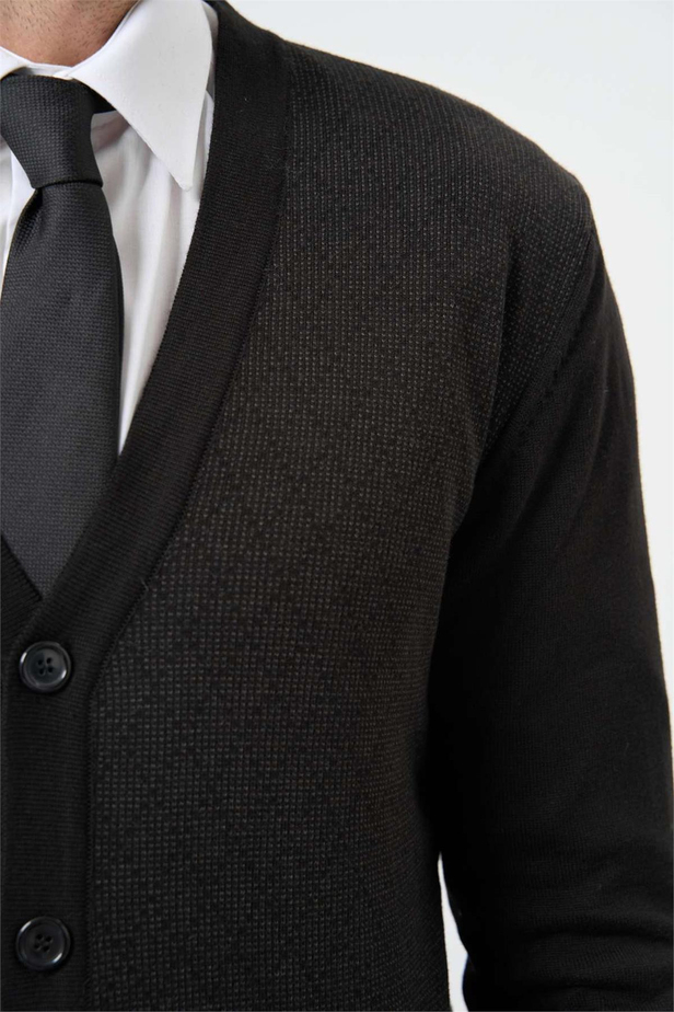 Siyah Uzun Kol Kendinden Desenli Örme V Yaka Classic Comfort Fit Triko 1012245161