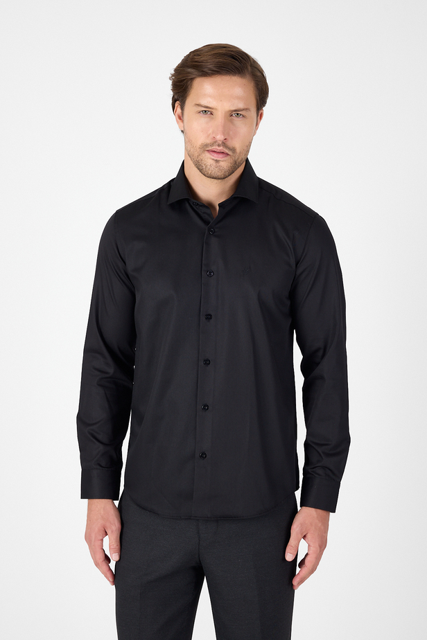 Siyah Uzun Kol Yarım İtalyan Yaka Cepsiz Non Iron Slim Fit Pamuklu Gömlek 1004250267