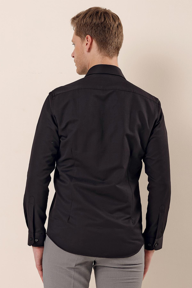 Siyah Uzun Kollu Armürlü Cepsiz Pamuklu Likralı Slim Fit Dar Kesim Gömlek 1004240193
