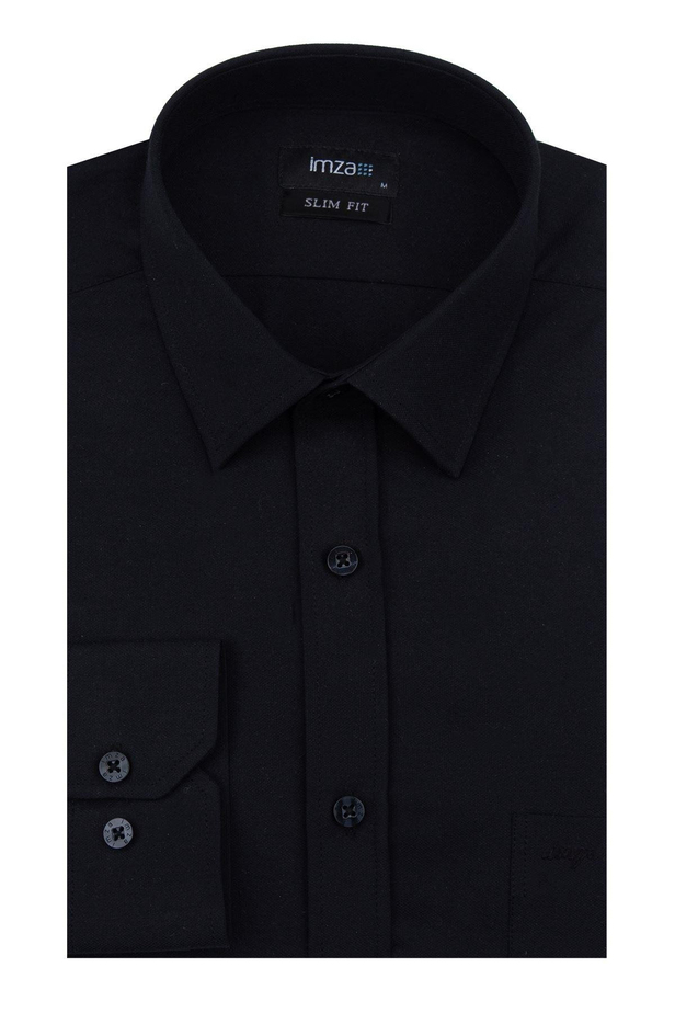Siyah Uzun Kollu  Bez Ayağı Sert Yaka Cepsiz  Pamuklu Basic Slim Fit Dar Kesim Gömlek 1004240057