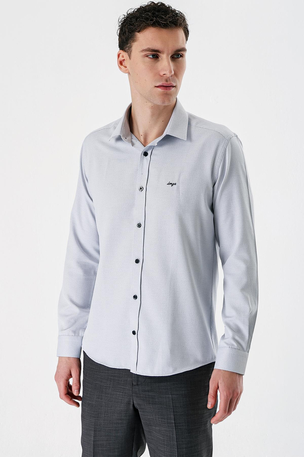 Siyah Uzun Kollu Desenli Armürlü Sert Yaka Cepsiz Pamuklu Slim Fit Dar Kesim Gömlek 1004235171