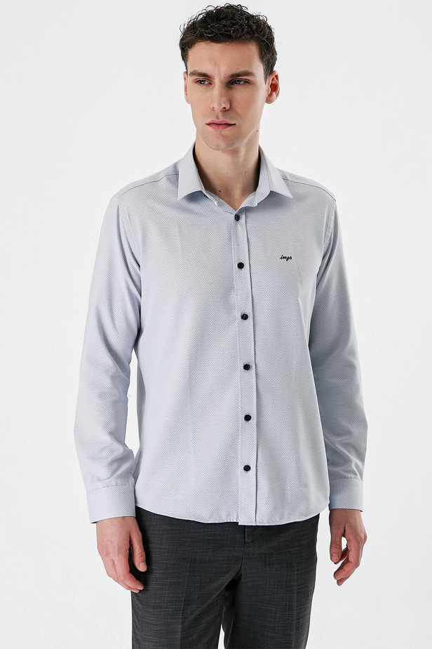 Siyah Uzun Kollu Desenli Armürlü Sert Yaka Cepsiz Pamuklu Slim Fit Dar Kesim Gömlek 1004235171