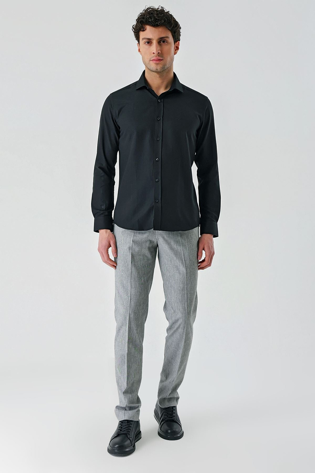 Siyah Uzun Kollu Oxford Cepsiz Pamuklu Klasik Slim Fit Dar Kesim Gömlek 1004240235