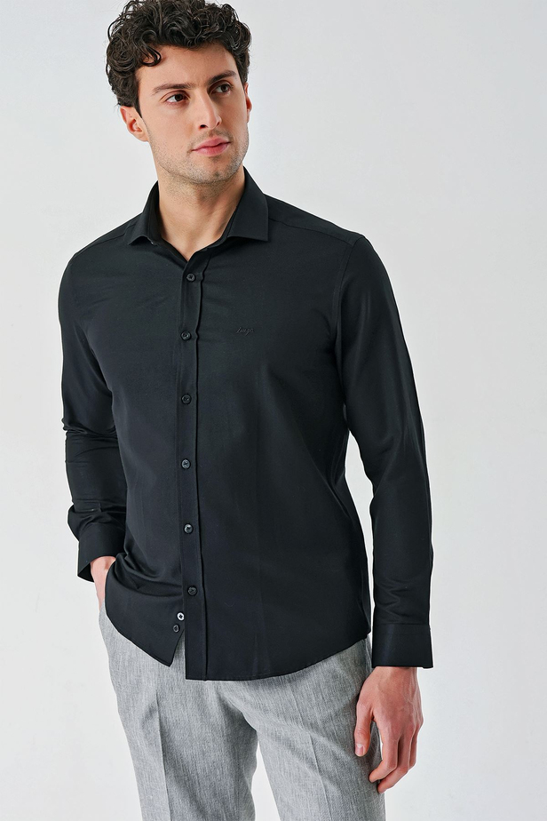 Siyah Uzun Kollu Oxford Cepsiz Pamuklu Klasik Slim Fit Dar Kesim Gömlek 1004240235