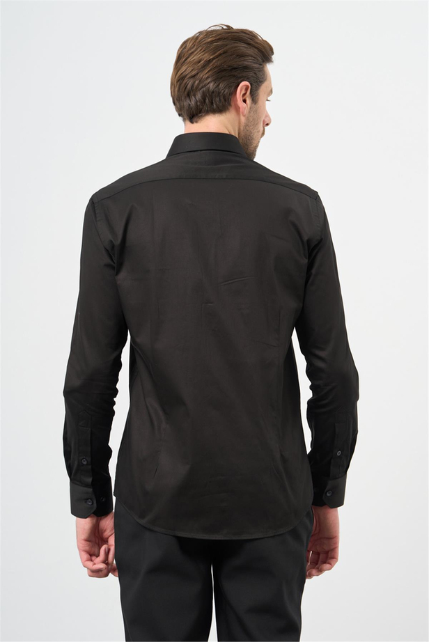 Siyah Uzun Kollu Sert Yaka Cepsiz %100 Pamuk Klasik Slim Fit Dar Kesim Gömlek 1004240324