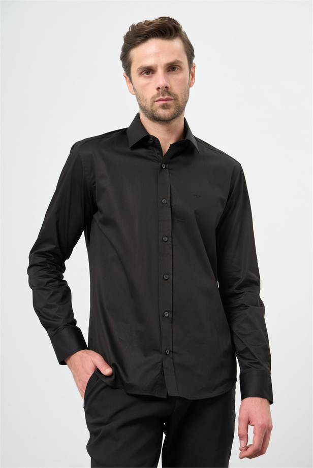 Siyah Uzun Kollu Sert Yaka Cepsiz %100 Pamuk Klasik Slim Fit Dar Kesim Gömlek 1004240324