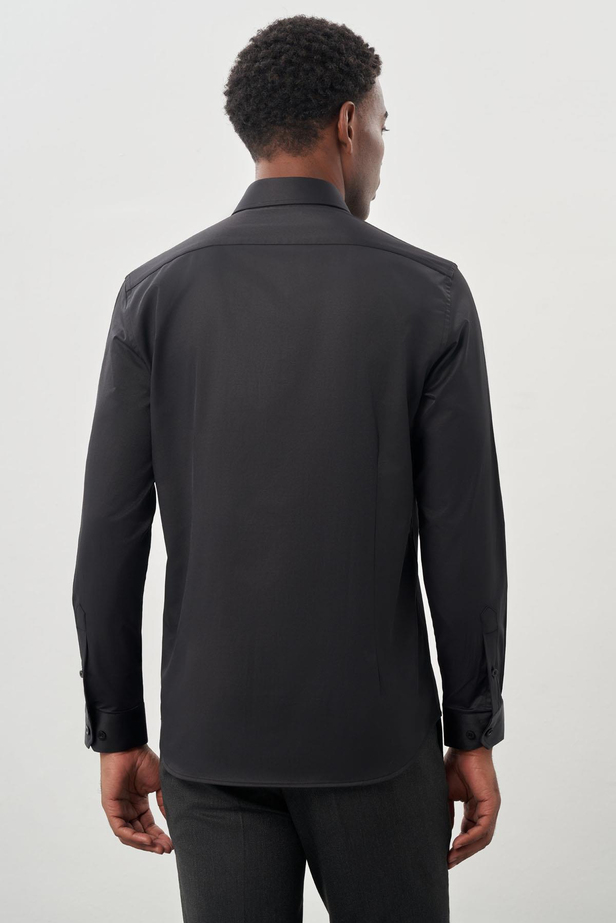 Siyah Uzun Kollu Sert Yaka Cepsiz Pamuklu Likralı Klasik Slim Fit Dar Kesim Gömlek 1004245234