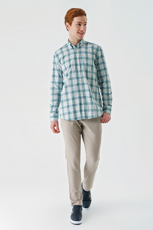 Su Yeşili Uzun Kollu Ekoseli Cepli Garnili Pamuklu Klasik Comfort Fit Rahat Kesim Gömlek 1004240194