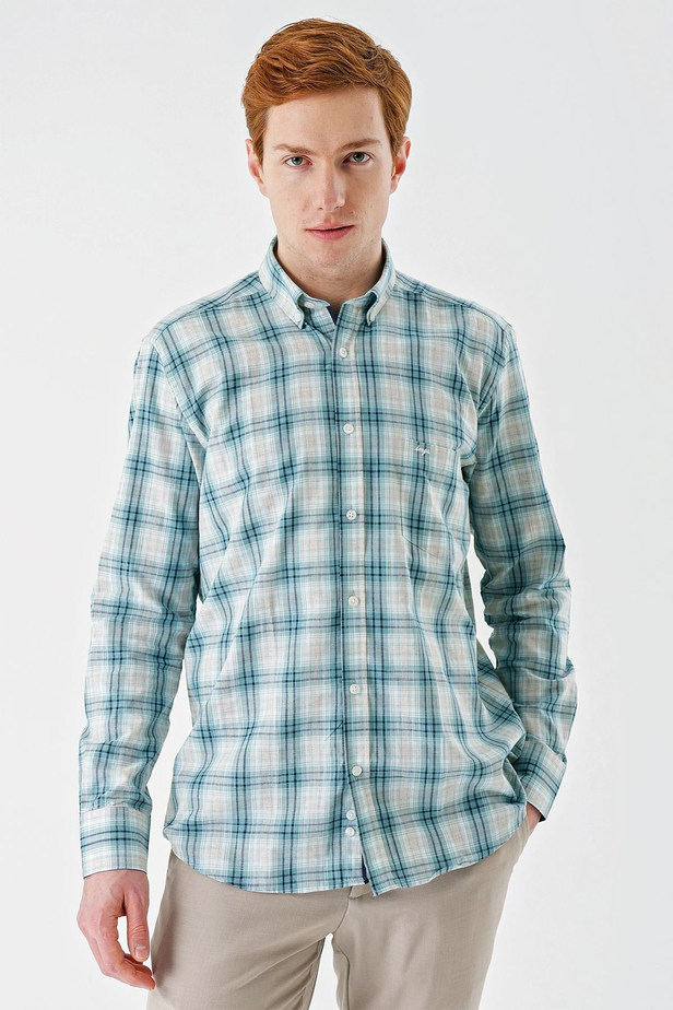Su Yeşili Uzun Kollu Ekoseli Cepli Garnili Pamuklu Klasik Comfort Fit Rahat Kesim Gömlek 1004240194