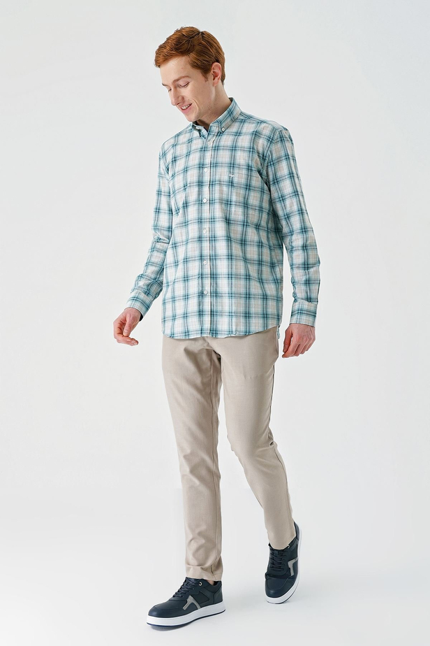 Su Yeşili Uzun Kollu Ekoseli Cepli Garnili Pamuklu Klasik Comfort Fit Rahat Kesim Gömlek 1004240194